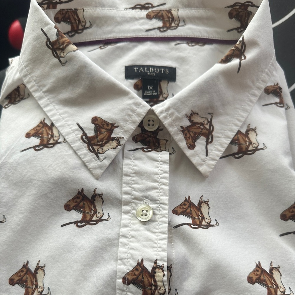 Talbots White Blouse with Brown Horse/Equestrian print